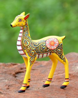 Wooden handpainted pattachitra motif yellow decorative deer