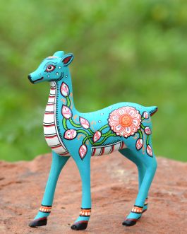 Wooden handpainted pattachitra motif teal blue decorative deer