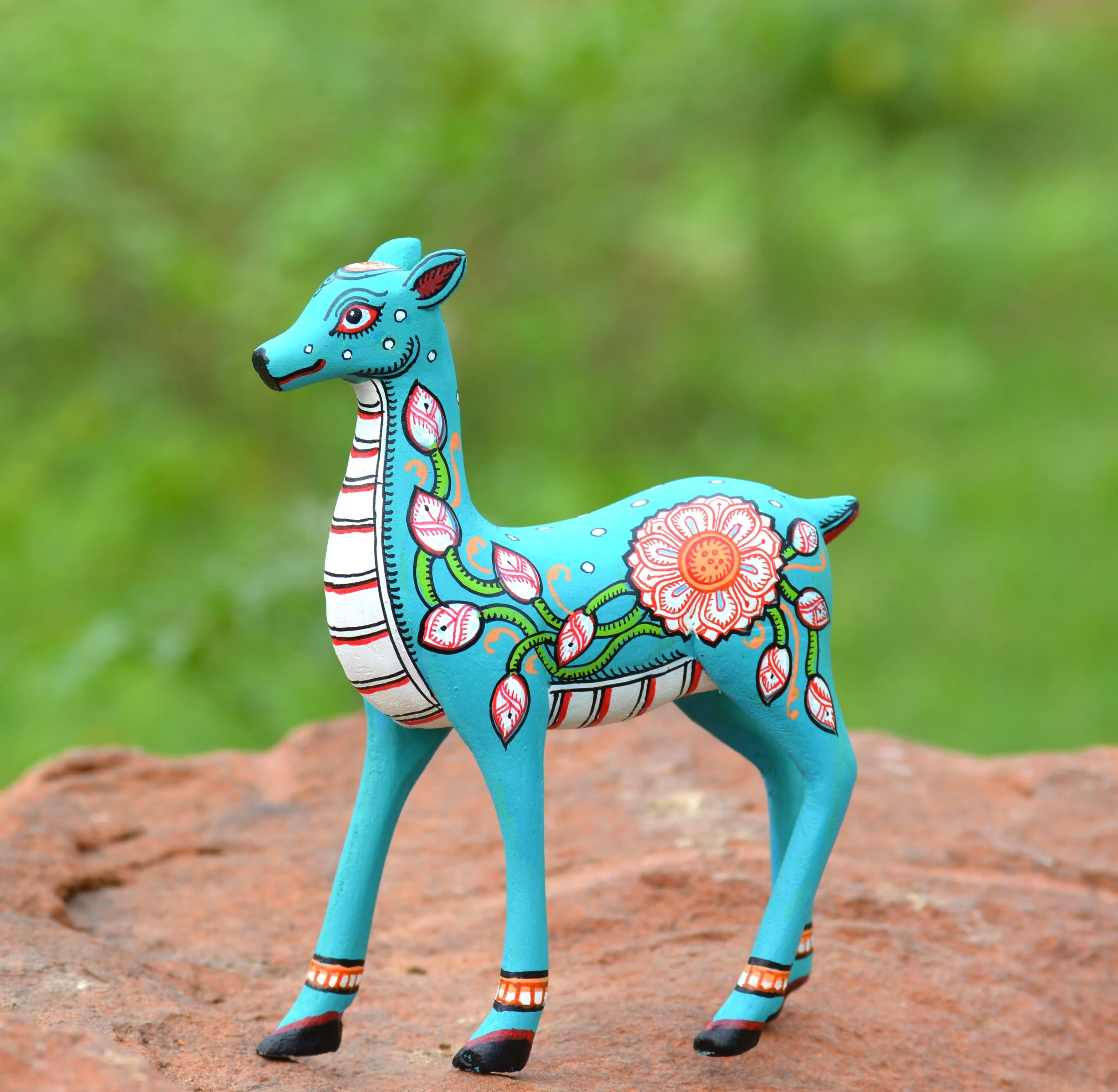 Wooden handpainted pattachitra motif teal blue decorative deer