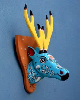 Wooden handpainted pattachitra motif decorative blue deer head