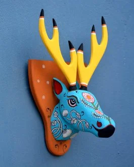 Wooden handpainted pattachitra motif decorative blue deer head