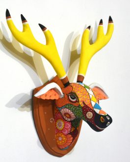 Wooden handpainted pattachitra motif orange decorative deer head