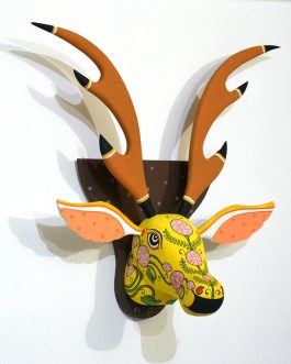 Wooden handpainted pattachitra motif yellow decorative deer head