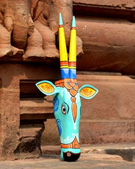 Wooden handpainted pattachitra motif decorative teal blue deer head