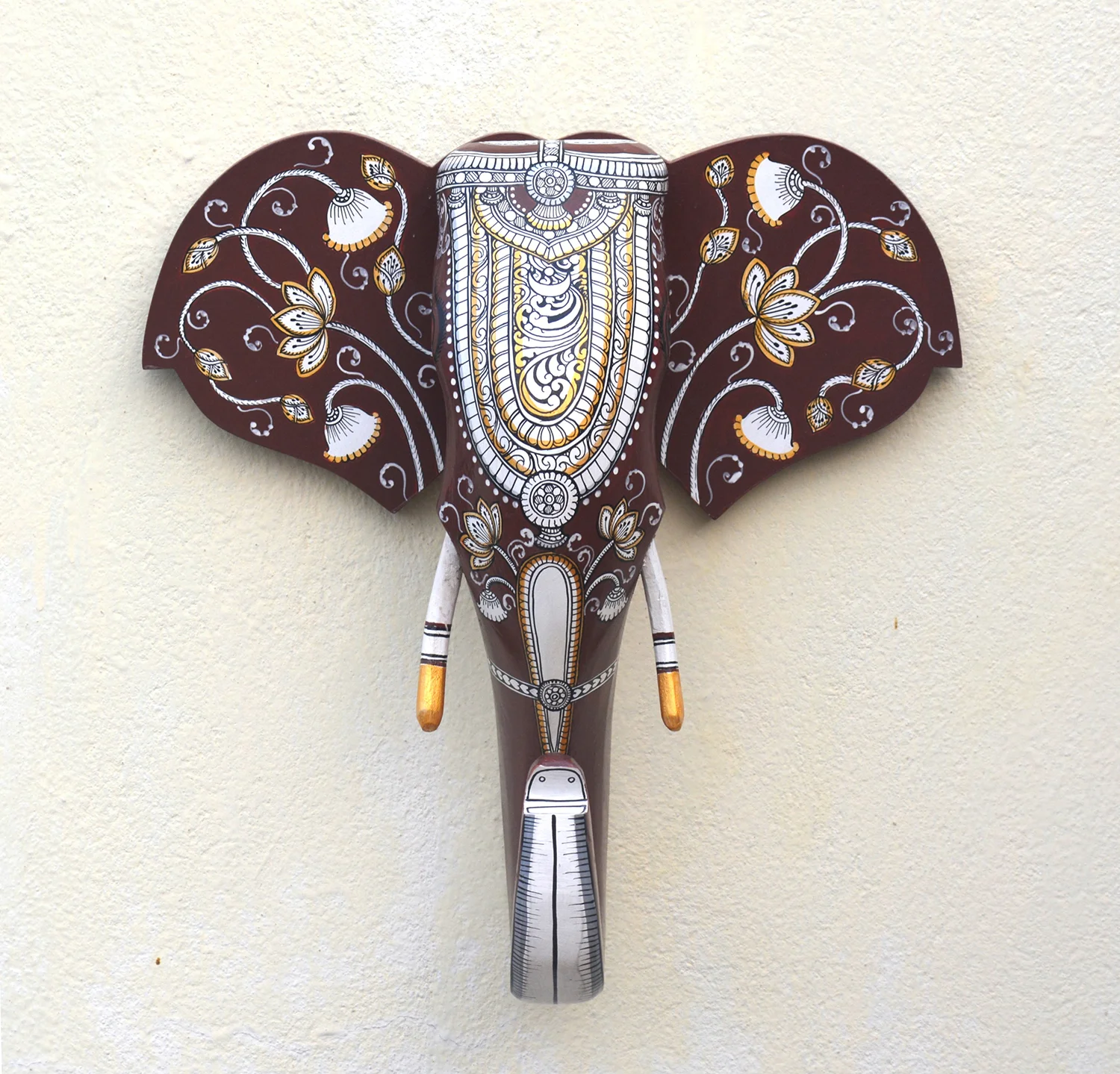 Wooden handpainted pattachitra motif monocrome decorative elephant head