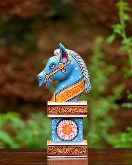Wooden handpainted pattachitra motif blue decorative horse head
