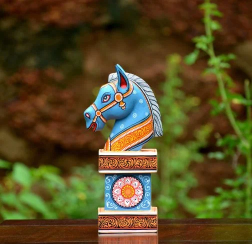 Wooden handpainted pattachitra motif blue decorative horse head