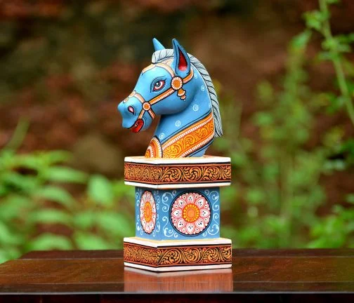 Wooden handpainted pattachitra motif blue decorative horse head - Image 2