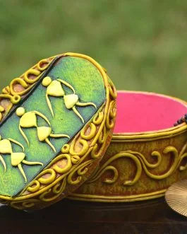 Hand painted warli motif paper mache round jewelry box