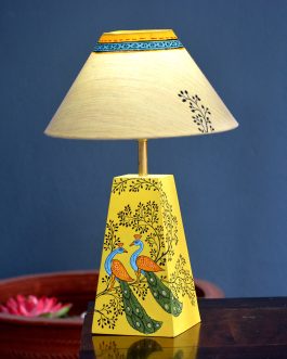 Peacock motif yellow table lamp