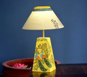 Peacock motif yellow table lamp