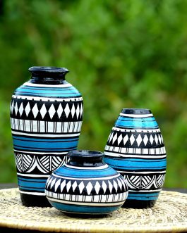 Terracotta trio blue vases