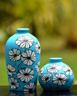 Terracotta flower motif duo vases(teal blue)