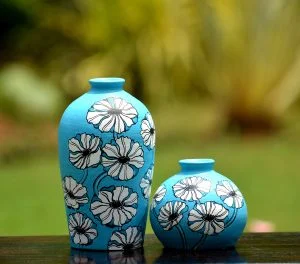 Terracotta flower motif duo vases(teal blue)