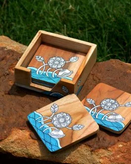 Hand painted teak wood pattachitra lotus  motif coasters