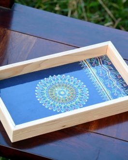 Hand painted blue based tribal motif pine wood serving tray