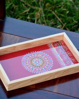 Hand painted red based tribal motif pine wood serving tray