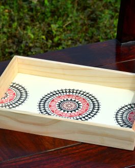 Hand painted off white based tribal motif pine wood serving tray