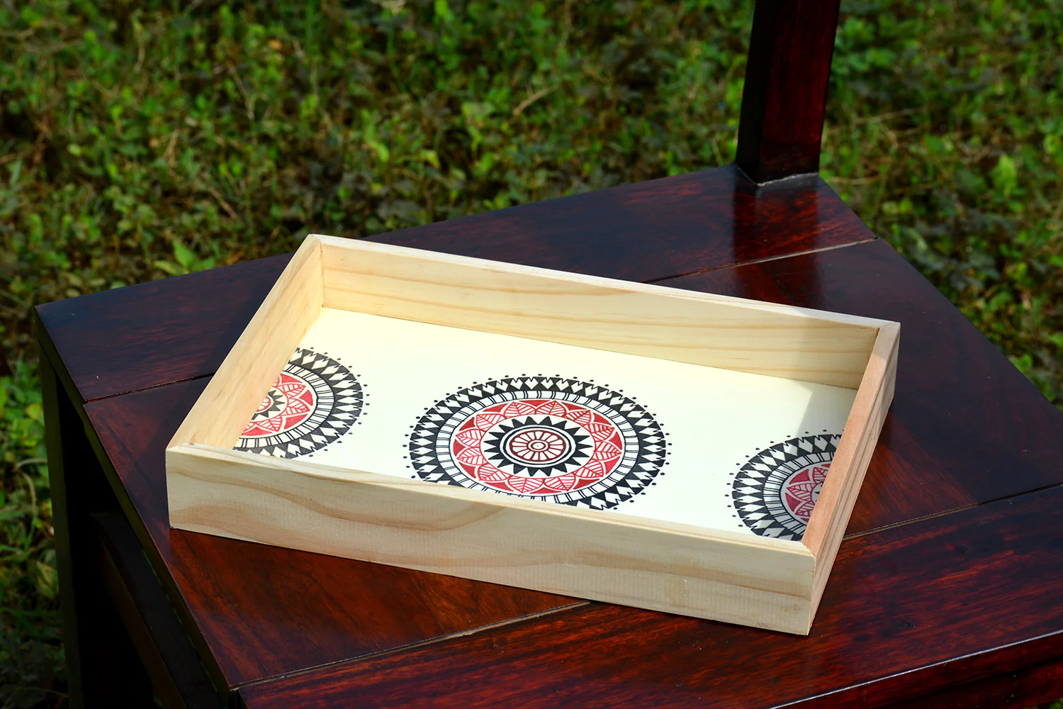 Hand painted off white based tribal motif pine wood serving tray
