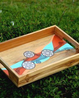 Hand painted pattachitra flower motif teak wood serving tray