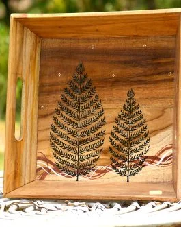 Hand painted pattachitra life of tree motif teak wood serving tray