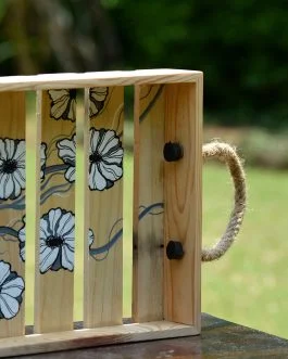 Hand painted flower motif pine wood stripe  serving tray