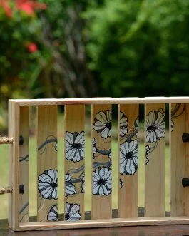 Hand painted flower motif pine wood stripe  serving tray
