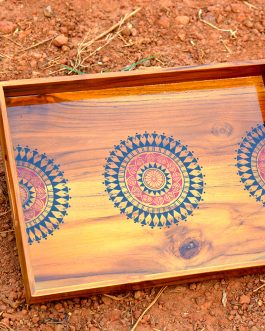 Hand painted tribal motif teak wood serving tray