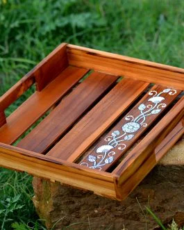 Hand painted pattachitra flower motif teak wood stripe serving tray