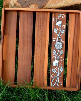 Hand painted pattachitra flower motif teak wood stripe serving tray