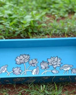 Hand painted pattachitra blue based flower motif mdf serving tray