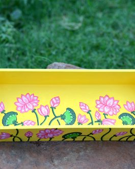 Hand painted pattachitra yellow based flower motif mdf serving tray