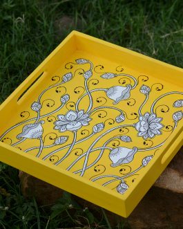 Hand painted pattachitra yellow based lotus motif mdf serving tray