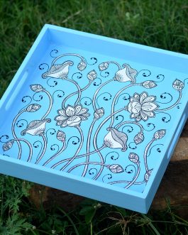Hand painted pattachitra teal blue based lotus motif mdf serving tray