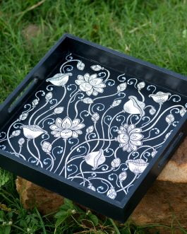 Hand painted pattachitra black based lotus motif mdf serving tray