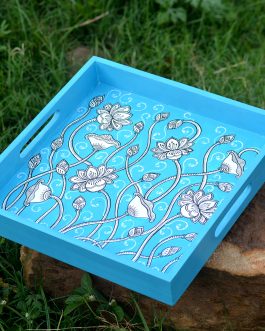 Hand painted pattachitra blue based lotus motif mdf serving tray
