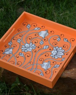 Hand painted pattachitra orange based lotus motif mdf serving tray