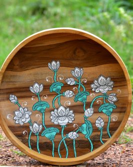 Hand painted pattachitra lotus bunch motif teak wood round serving tray