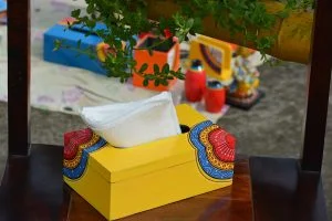 Hand painted tribal motif yellow based tissue box