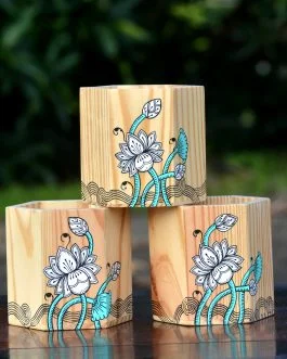 Hand painted pattachitra lotus motif heaxagonal pen stand(set of three)