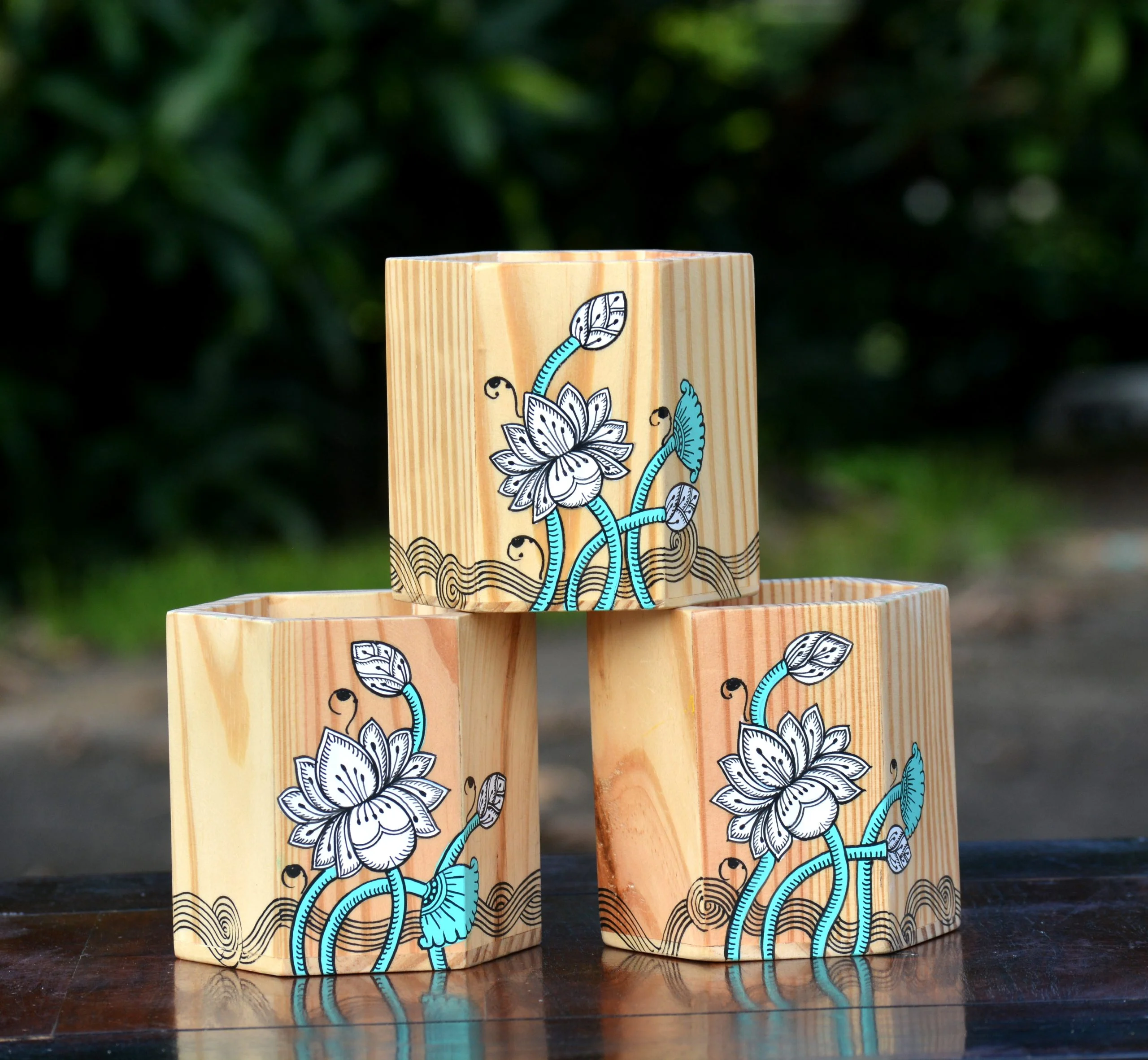 Hand painted pattachitra lotus motif heaxagonal pen stand(set of three)